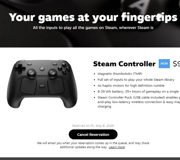 Steam Controller reservation made on May 8, 2026.