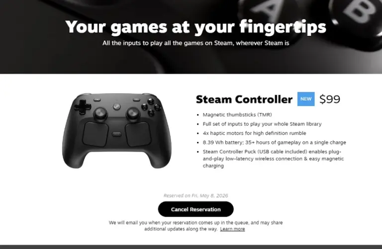 Steam Controller reservation made on May 8, 2026.