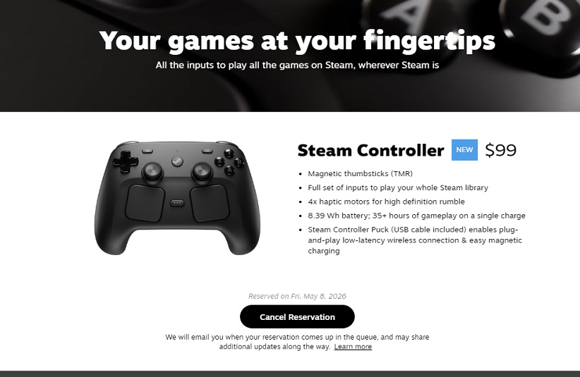 Steam Controller reservation made on May 8, 2026.