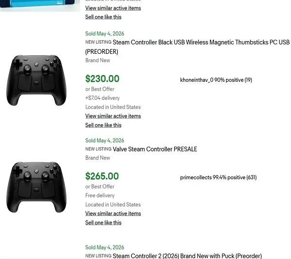 Screenshot showing successful scalper sales of Valve's new controller on eBay