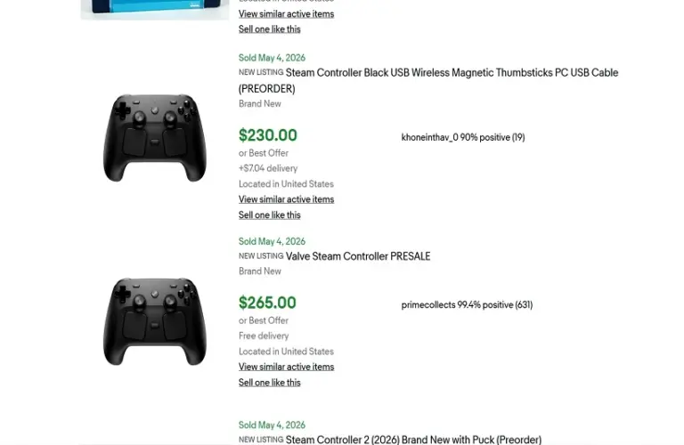 Screenshot showing successful scalper sales of Valve's new controller on eBay