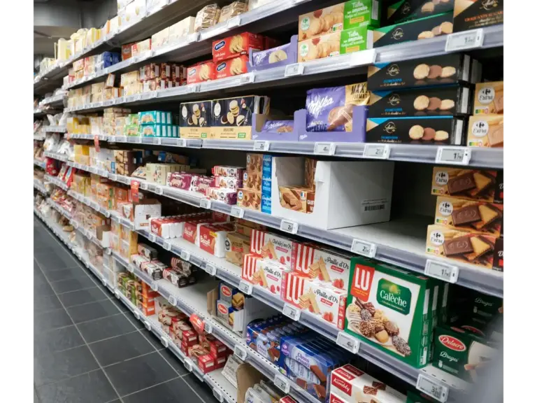 A grocery store aisle with various packages of cookies and food on the shelves