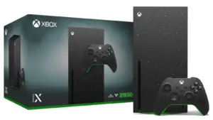 Black XBOX console and controller.