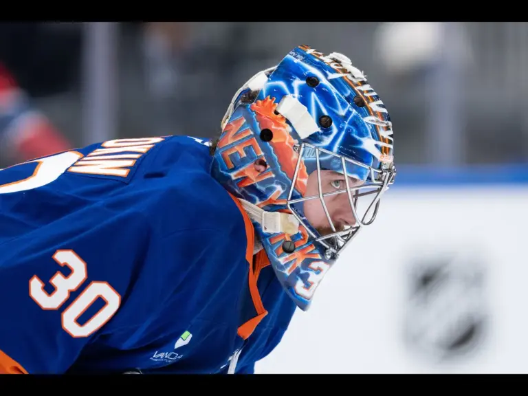 Apr 12, 2026; Elmont, New York, USA; New York Islanders goaltender Ilya Sorokin (30) during the first period against the Montréal Canadiens at UBS Arena. Mandatory Credit: Alexander Wohl-Imagn Images