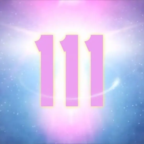 Bright pink number 111 glowing against a cosmic blue and purple background, representing angel numbers and new beginnings.