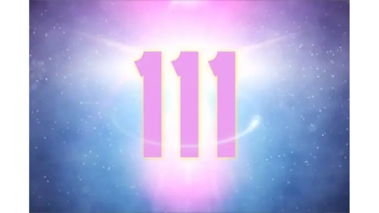 Bright pink number 111 glowing against a cosmic blue and purple background, representing angel numbers and new beginnings.