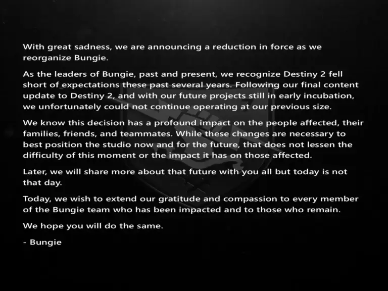 Bungie's Layoff Statement