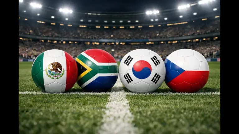 Four soccer balls, each with a different national flag—Mexico, South Africa, South Korea, Czech Republic—on a stadium field under bright lights. Each team is in the World Cup for soccer.