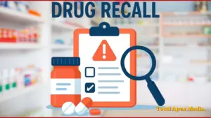 Graphic of a pill bottle, clip board, and magnifying glass with the words "Drug recall" on a background of pharmacy shelves. Total Apex Media in the corner.