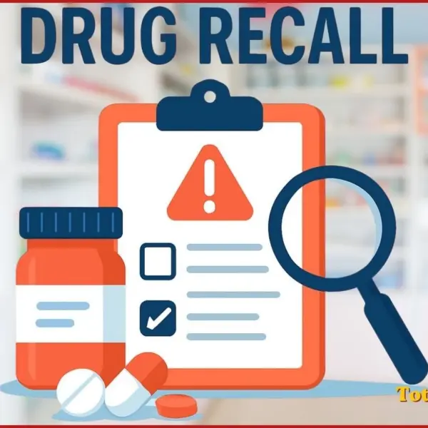 Graphic of a pill bottle, clip board, and magnifying glass with the words "Drug recall" on a background of pharmacy shelves. Total Apex Media in the corner.
