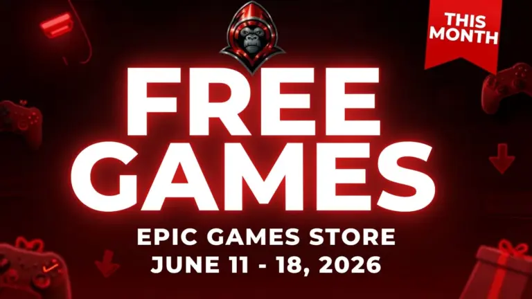 Free Games on the Epic Games Store June 11 - 18, 2026 on a red background with gaming related icons