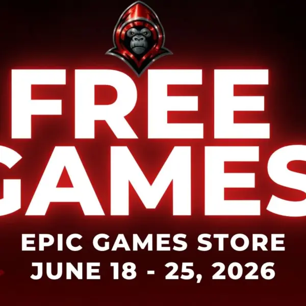 Free Games on the Epic Games Store June 18 - 25, 2026 on a red background with gaming related icons