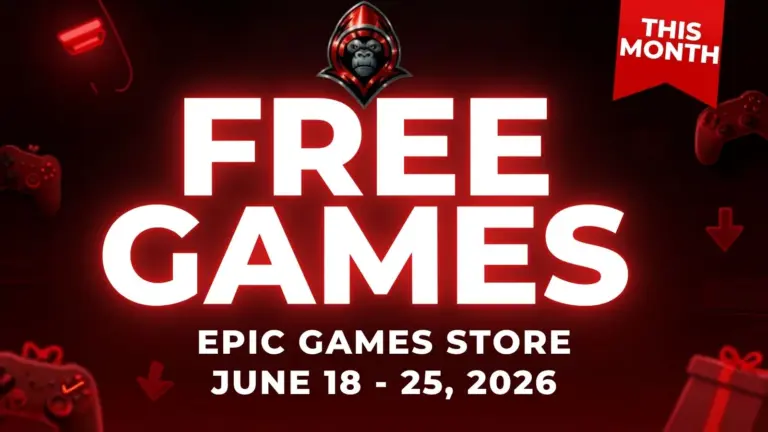 Free Games on the Epic Games Store June 18 - 25, 2026 on a red background with gaming related icons