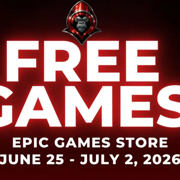 Free Games on the Epic Games Store June 25 - July 2, 2026 on a red background with gaming related icons