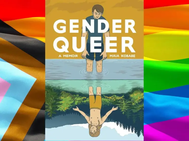 The cover for the graphic memoir "Gender Queer" by Maia Kobabe with a Pride flag in the background.