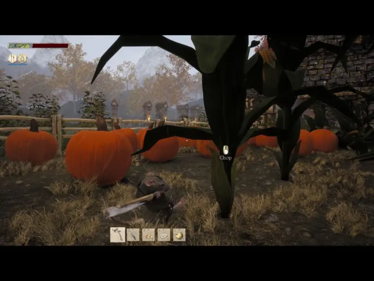 Screenshot showing the mouse character chopping corn for Hawthorn demo, Co-op, sandbox, rpg