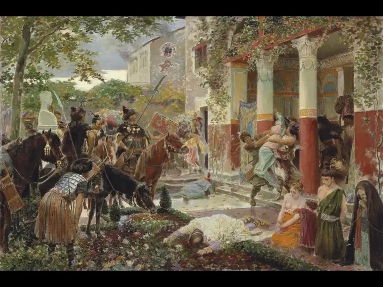 Painting of a Roman villa being looted by a crowd on horseback, titled Huns by Rochegrosse, depicting the destructive path of Attila's army.
