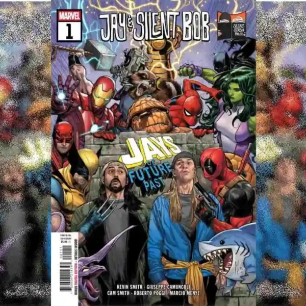 Cover of "Jay and Silent Bob" comic issue number 1 featuring various Marvel characters and Jay and Silent Bob in the foreground.