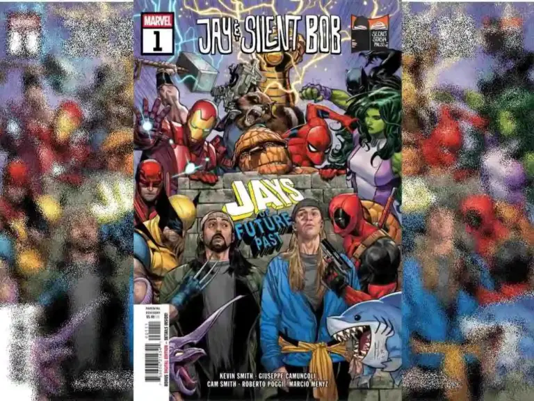 Cover of "Jay and Silent Bob" comic issue number 1 featuring various Marvel characters and Jay and Silent Bob in the foreground.