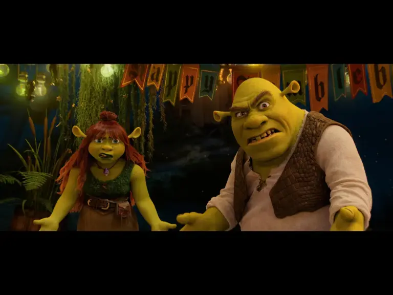Shrek and Felicia from the animated film "Shrek 5" look confused or frustrated at a party.