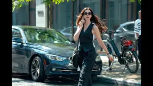 Anne Hathaway, a stylish woman in a pinstripe suit, confidently walks down a city street, wearing sunglasses and holding her hair. A luxury car and bicycle are in the background, with dappled sunlight filtering through trees, creating an elegant urban scene.