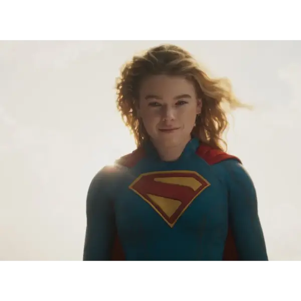 Milly Alcock in Supergirl (2026) with a blue suit and a red cape, featuring a large yellow "S" emblem on her chest, stands confidently against a bright sky.