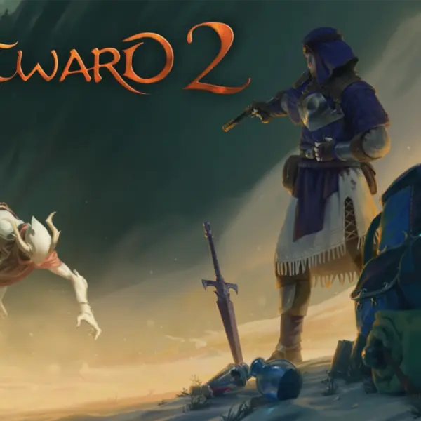Cover art for "Outward 2" shows a desert scene with a hooded figure aiming a weapon at a skeletal creature. A backpack and sword lie nearby. Mystical, adventurous tone.