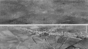 Aerial view of the village of Passchendaele (north is to the right of the photo) before and after the Third Battle of Ypres, 1917.
