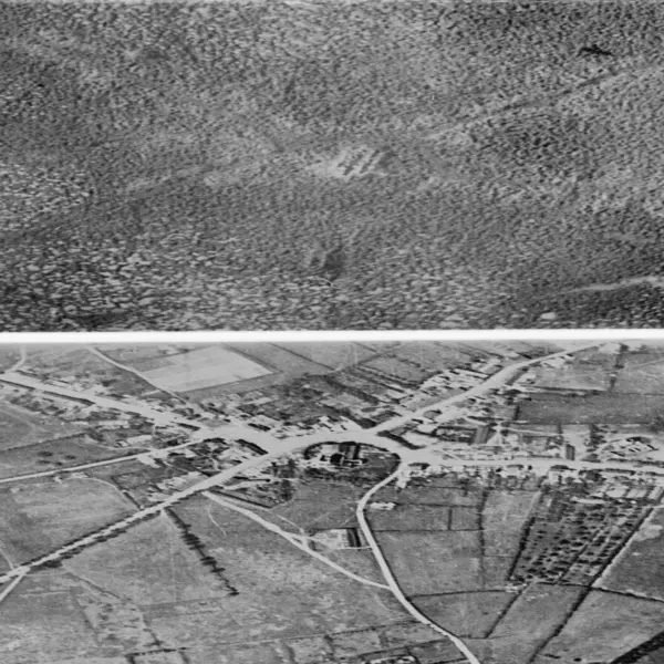 Aerial view of the village of Passchendaele (north is to the right of the photo) before and after the Third Battle of Ypres, 1917.