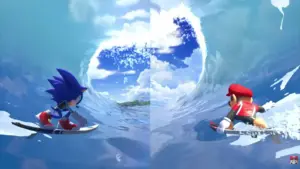Sonic and Mario surfing in a race.