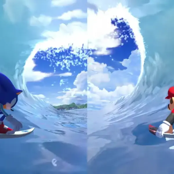 Sonic and Mario surfing in a race.