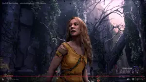 Krato's wife, Laufey, from God of War in a dark forest.