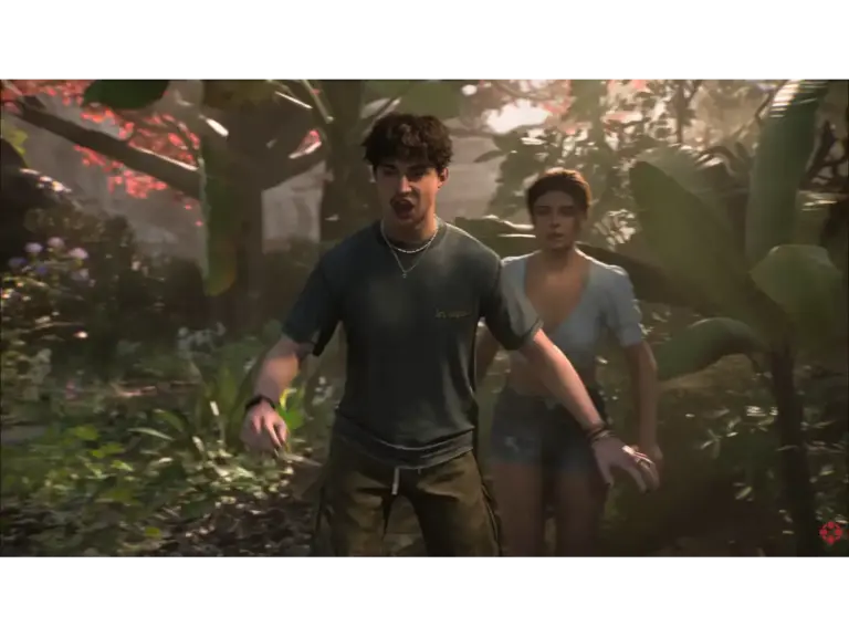 Two characters from Until Dawn 2 in a forest area.