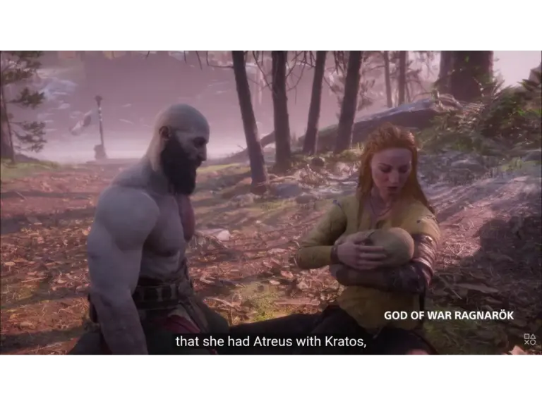 Krato's and Laufey from God of War Ragnorok. Laufey is holding a baby Atreus.