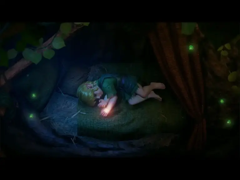 Link from Legend of Zelda: Ocarina of Time Remake sleeping in a bed.