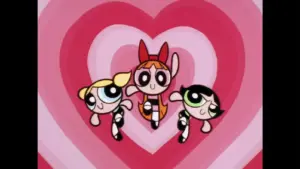 Blossom, Bubbles and Buttercup in The Powerpuff Girls in front of a background of various red color and pink colors.