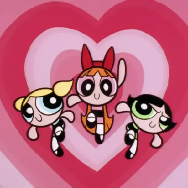 Blossom, Bubbles and Buttercup in The Powerpuff Girls in front of a background of various red color and pink colors.