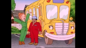 Ms Frizzle in The Magic School Bus talking to a man next to her iconic school bus.