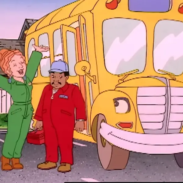 Ms Frizzle in The Magic School Bus talking to a man next to her iconic school bus.