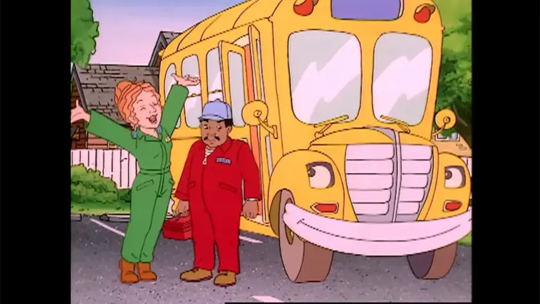 Ms Frizzle in The Magic School Bus talking to a man next to her iconic school bus.