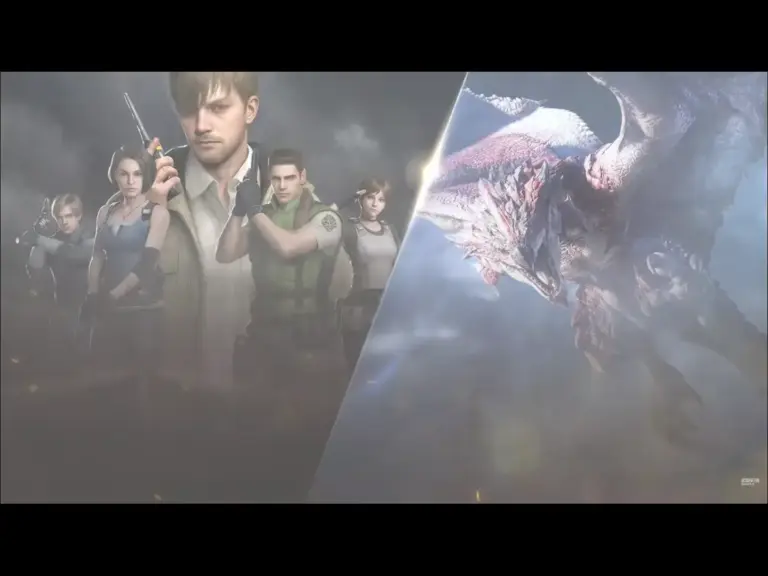 Characters in the Resident Evil Survival Unit horror game on the left and a giant dragon on the right..