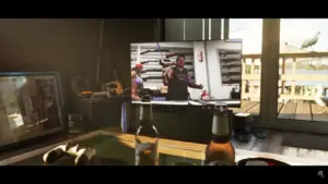 television showing a man with a gun, a game controller, and a beer bottle on a table in GTA 6.