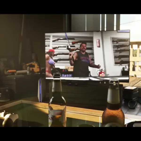 television showing a man with a gun, a game controller, and a beer bottle on a table in GTA 6.