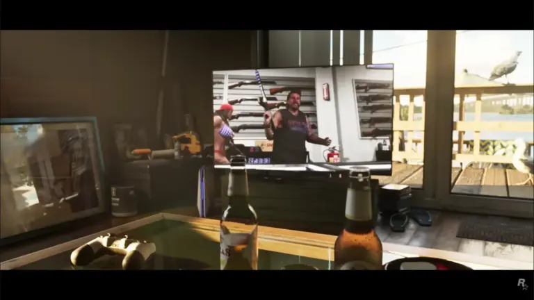 television showing a man with a gun, a game controller, and a beer bottle on a table in GTA 6.