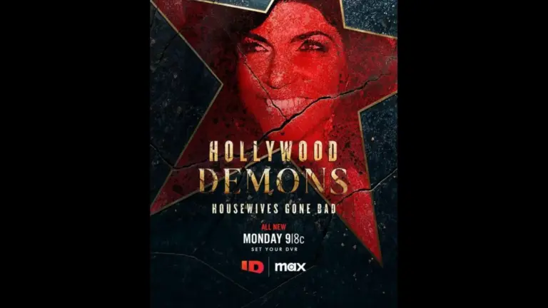 Cracked Hollywood star with a woman's face superimposed. Text reads: "Hollywood Demons: Housewives Gone Bad," promoting "Hollywood Demons" show airing Monday 9|8c on ID and Max.
