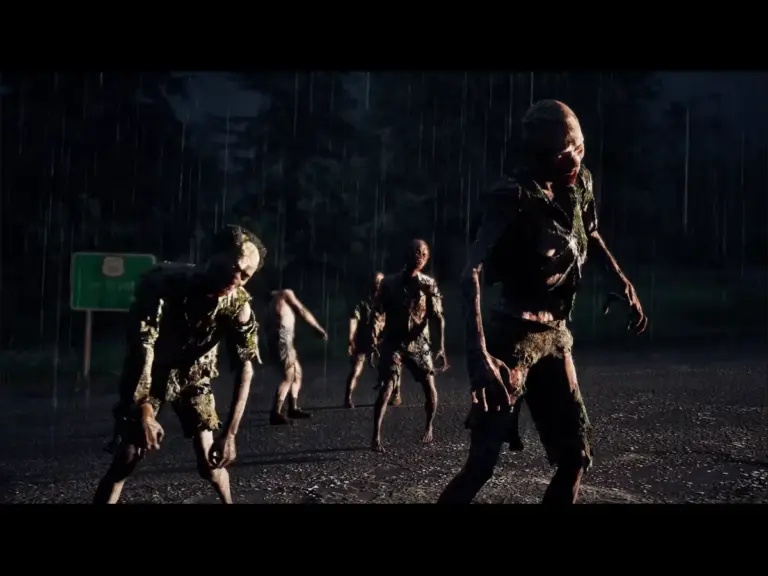 4 zombies roaming in a field.
