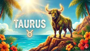 Image for the Taurus sun sign with symbol and name, bull on a cliff in front of the ocean in the sun