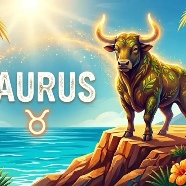 Image for the Taurus sun sign with symbol and name, bull on a cliff in front of the ocean in the sun