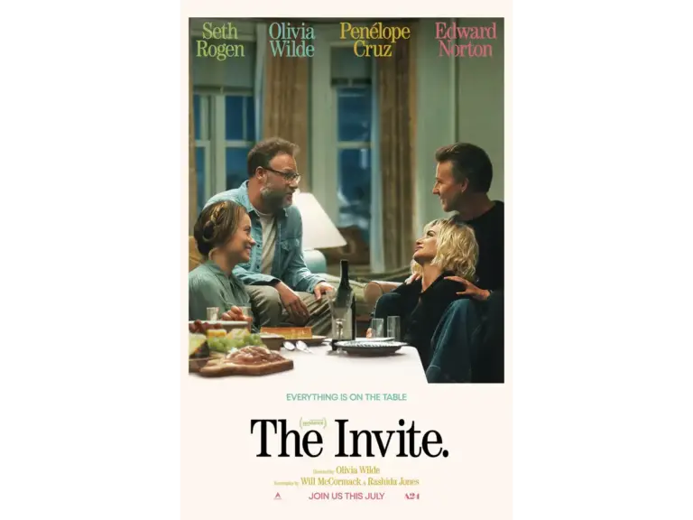 Promotional poster for 'The Invite' featuring a group of friends gathered around a table, highlighting themes of friendship and intrigue.
