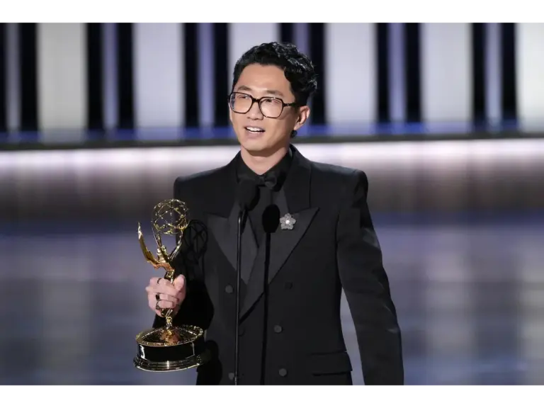 Jan 15, 2024; Los Angeles, CA, USA; Lee Sung Jin accepts the award for outstanding directing for a limited or anthology series or movie for BEEF during the 75th Emmy Awards at the Peacock Theater in Los Angeles on Monday, Jan. 15, 2024. Mandatory Credit: Robert Hanashiro-USA TODAY